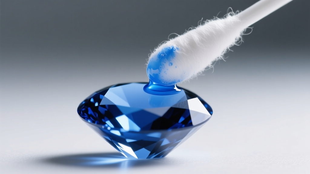 Macro shot of an acetone-dipped cotton swab touching a blue gemstone, showing a faint blue dye transfer on the white cotton tip.