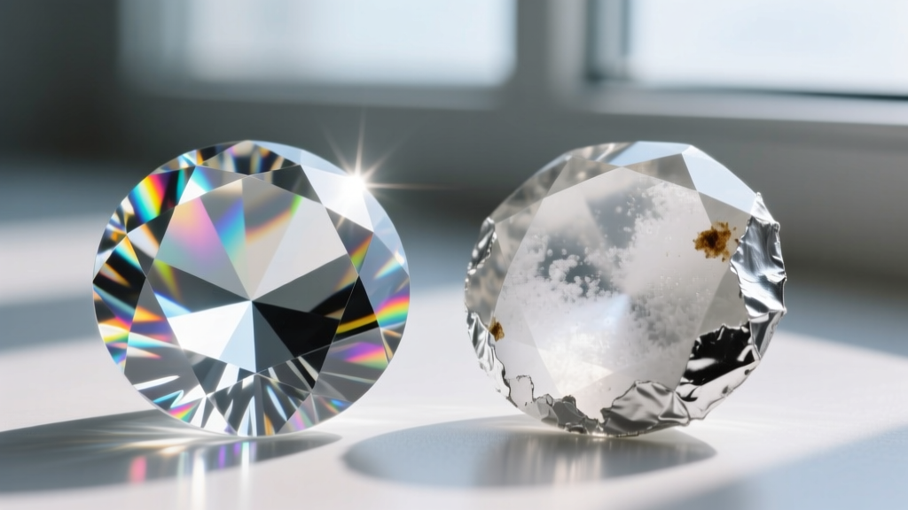 Macro comparison of two glass rhinestones, one pristine and sparkling, the other cloudy with degraded silver foil backing.
