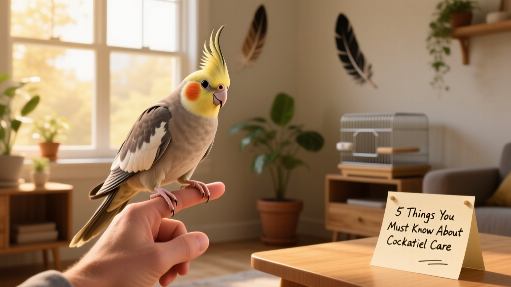 Senior cockatiel calmly stepping onto a finger during a gentle training session