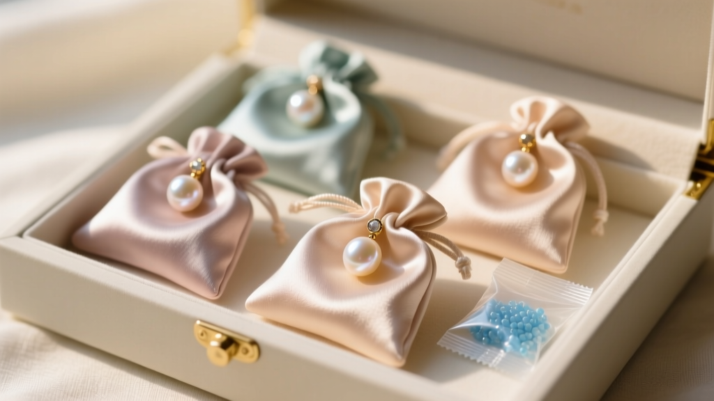Neatly organized jewelry box with individual soft silk pouches holding pearl earrings, alongside a silica gel packet in warm light.