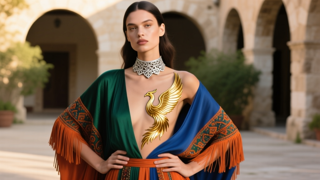 Festival outfit showing a layered look with a real silver choker and a temporary gold feather necklace tattoo on the chest.
