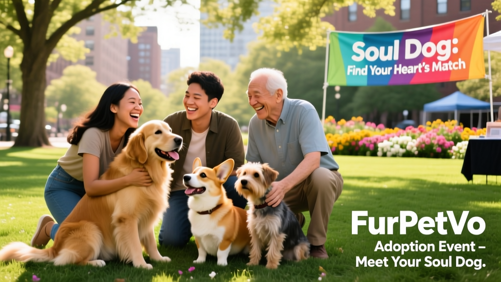 A diverse group of adopters smiling alongside friendly dogs at a FurPetVo adoption event in a sunny outdoor park