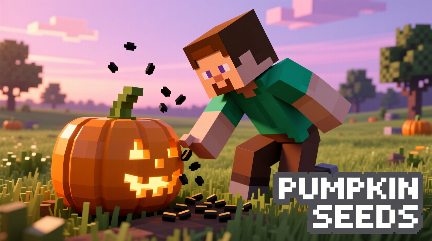Minecraft player harvesting pumpkin seeds from block