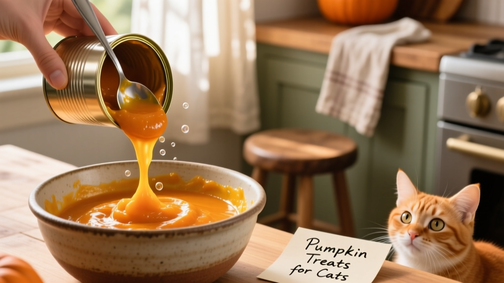 Close-up of fresh, orange pumpkin puree being scooped from a can into a mixing bowl