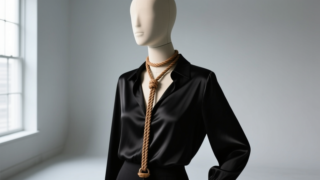 Mannequin wearing a draped rope chain lariat over a black silk blouse, showing the weighted drop hanging perfectly straight.