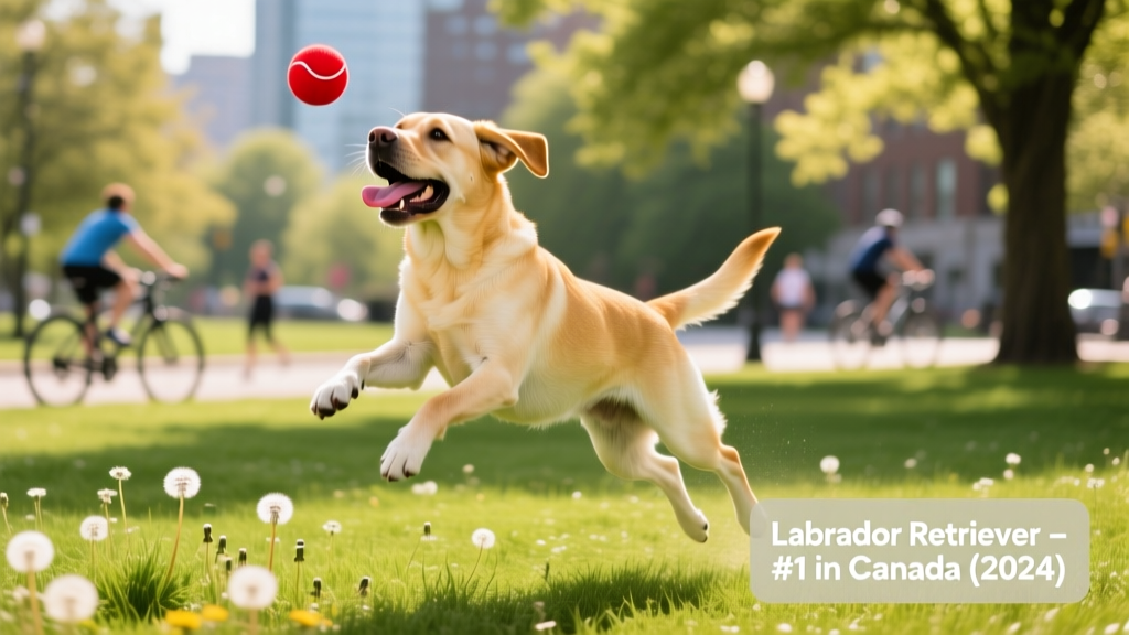A joyful Labrador Retriever playing fetch in a sunny park