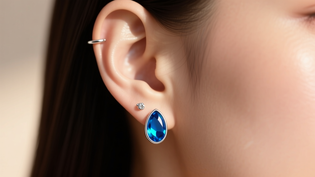 Close-up of a female ear wearing 18-gauge sterling silver bezel-set turquoise blue drop earrings against soft natural sunlight.