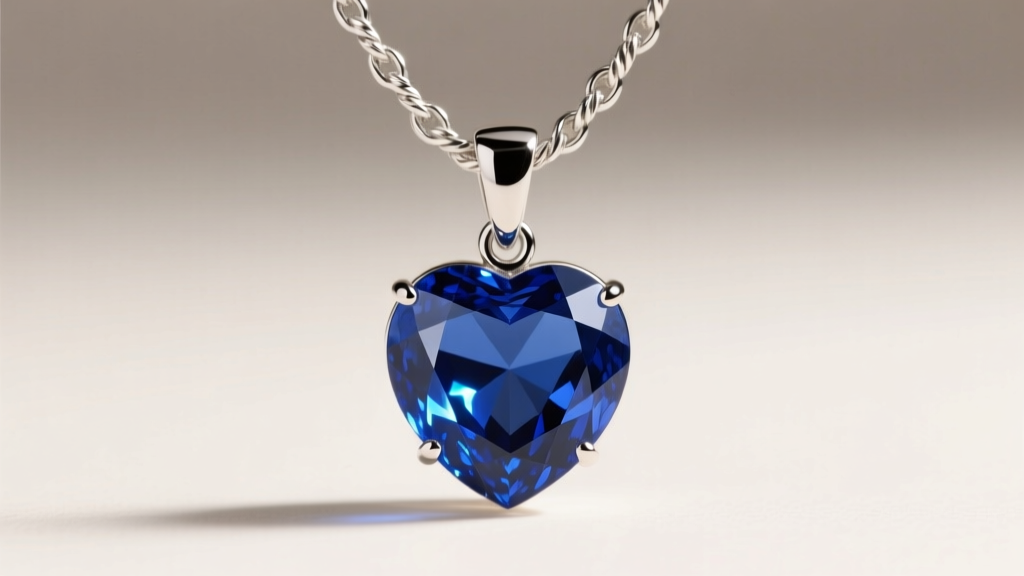 Macro shot of a 4mm platinum rope chain connecting to a reinforced European bail on a large blue gemstone heart pendant necklace.