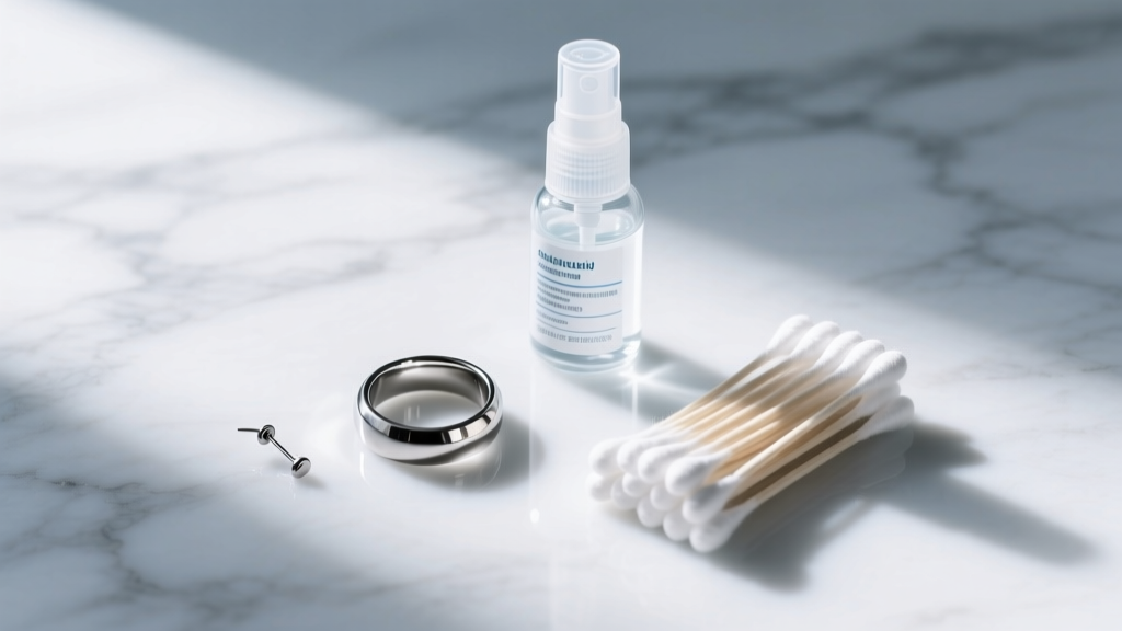Flat lay of orbital piercing aftercare essentials including sterile saline spray, cotton swabs, and a titanium ring on marble.