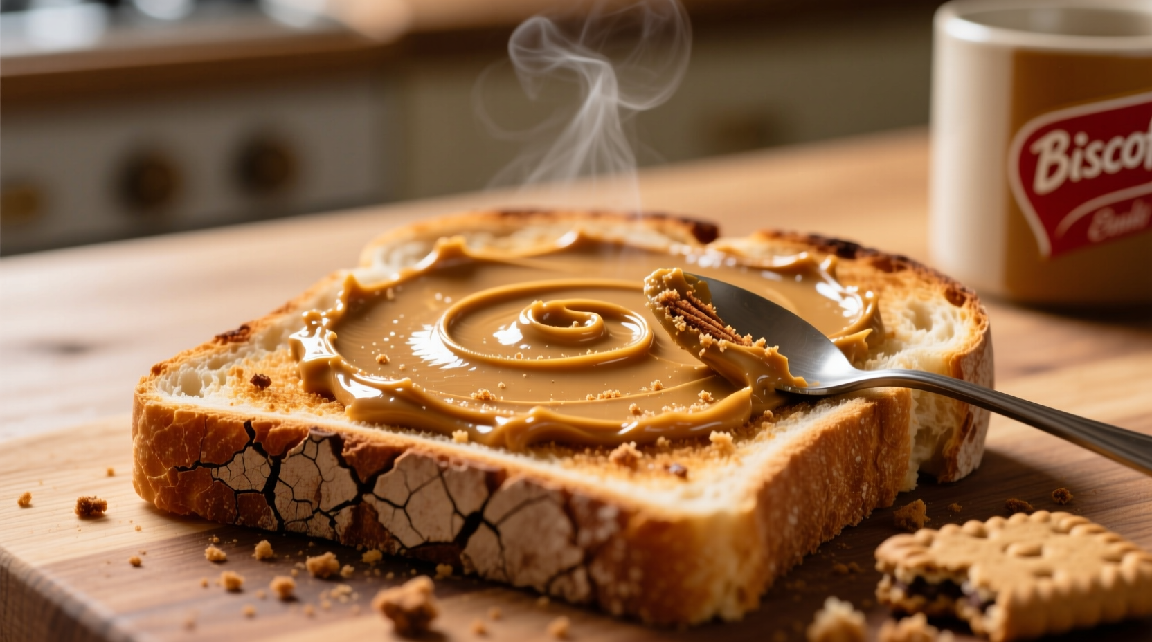 Close-up of Biscoff spread on toast with cookie