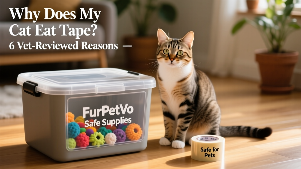 Cat sitting beside a closed storage bin labeled 'FurPetVo Safe Supplies' with toys visible inside, next to a roll of tape safely tucked away