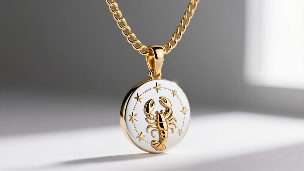 Close-up of a 14k gold lobster clasp securing a 2.0mm curb chain attached to a detailed white gold Scorpio constellation pendant