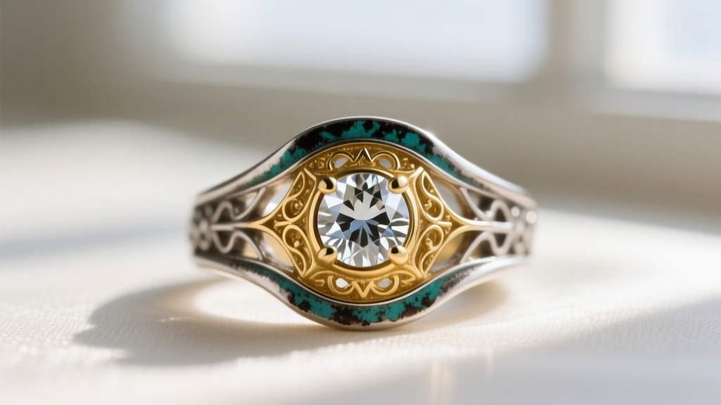 Macro shot of an antique silver-backed gold diamond setting, showing oxidized silver edges contrasting with warm gold backing