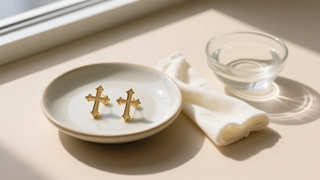 Flat lay of a ceramic dish holding 14kt gold cross earrings, a microfiber cloth, and a small glass bowl of mild soapy water.