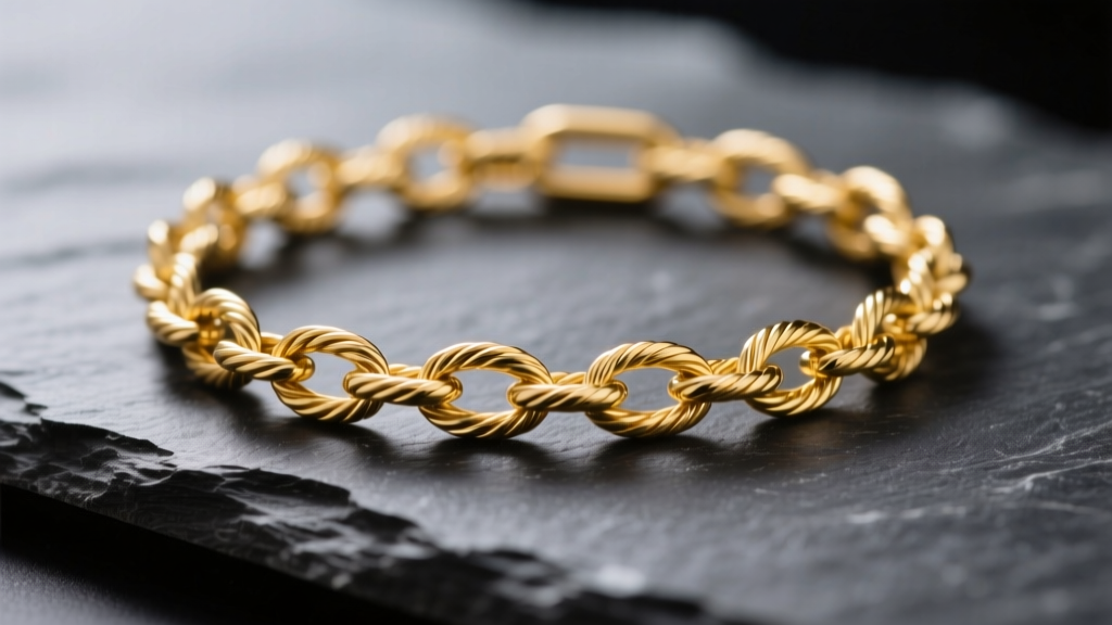 Macro shot of a 14k yellow gold cable chain on dark slate, showing interlocking oval links under soft studio lighting