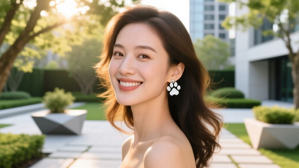 Woman wearing delicate silver paw print huggie earrings on her upper ear cartilage, smiling in bright, natural outdoor daylight.