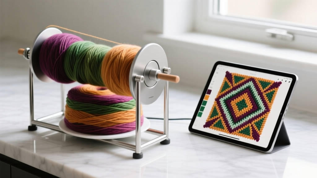 Electric yarn winder spinning a cake of variegated alpaca yarn beside a tablet showing a complex colorwork knitting pattern.