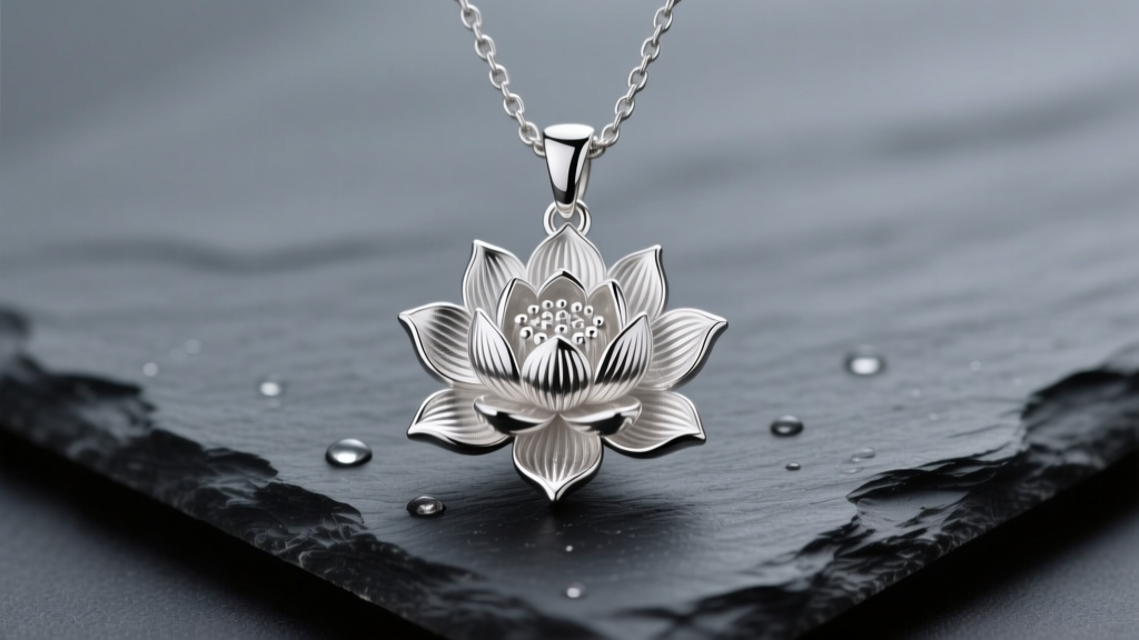 Sterling silver necklace with a detailed lotus flower pendant on dark slate, soft studio lighting highlighting the rhodium finish