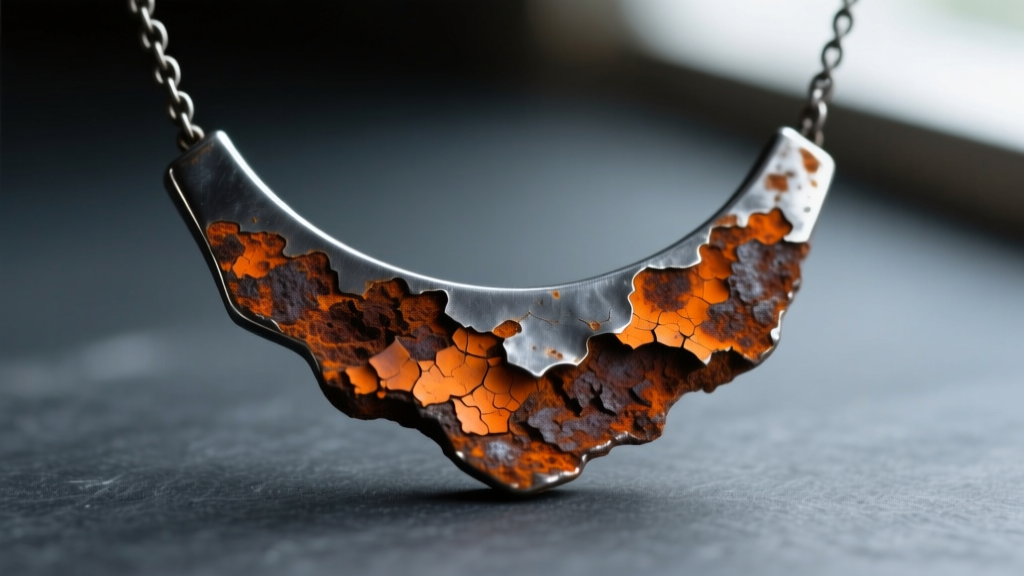 Close-up of an oxidized carbon steel pendant necklace showing flaky orange iron oxide rust against a dark slate background surface