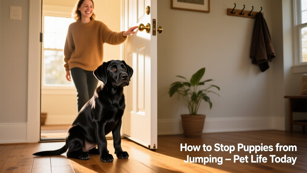 Black puppy sitting politely by the front door as owner enters, demonstrating controlled greeting behavior