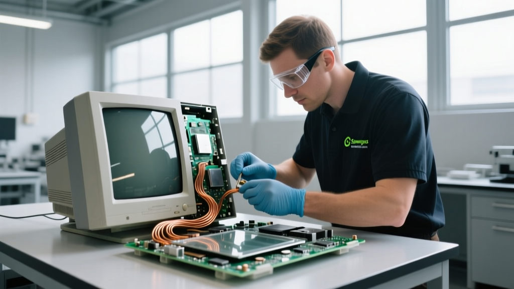 Technician at an e-Stewards certified facility dismantling an old LCD monitor to separate rare earth metals and plastics
