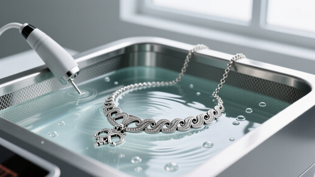 Professional ultrasonic jewelry cleaner with steel basket submerged in solution, cleaning a heavily textured silver king necklace.