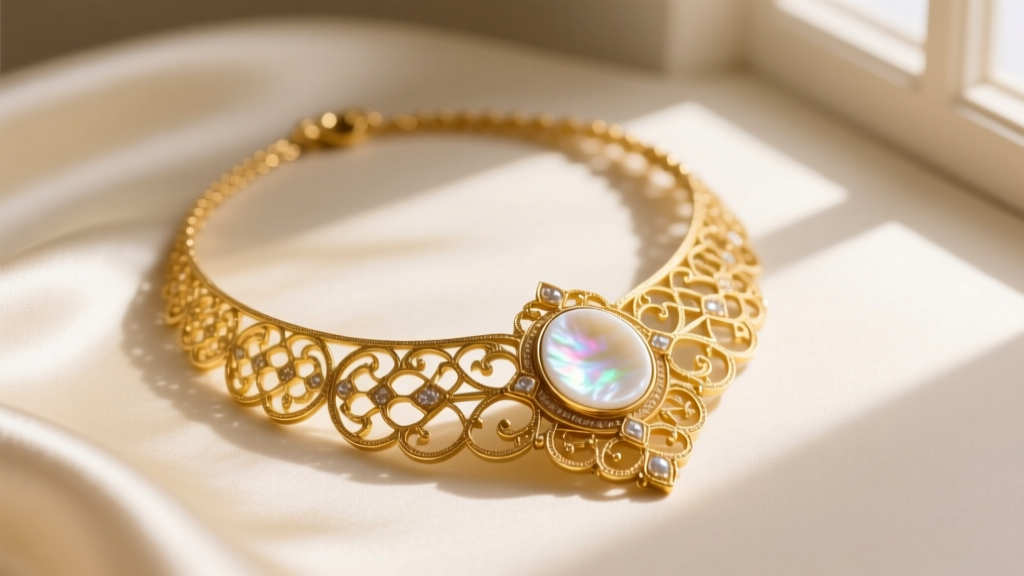 Elegant flat lay of a yellow gold Vintage Alhambra necklace with white mother-of-pearl on cream silk, soft natural window lighting.