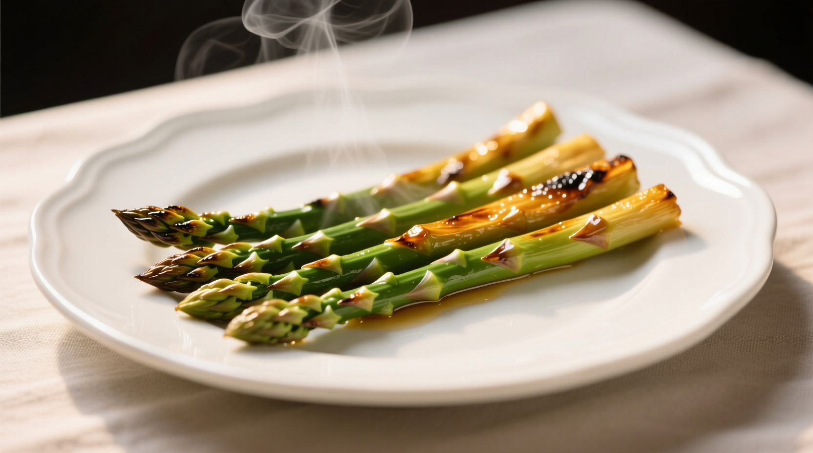 Golden roasted asparagus on white plate