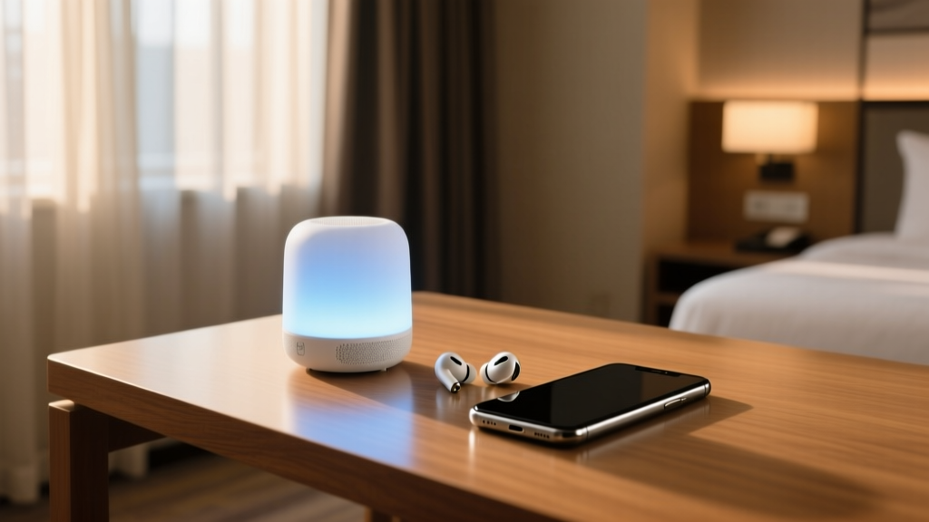 Sleek wooden desk setup with a glowing portable white noise machine next to a smartphone and earbuds in a dim hotel room.