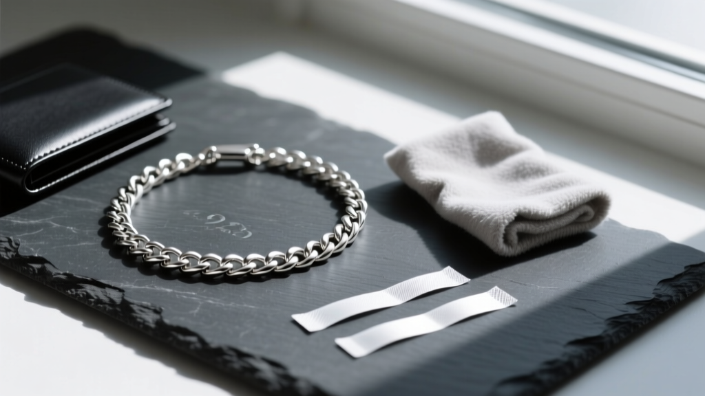Flat lay of a 925 sterling silver wallet chain next to a polishing cloth and anti-tarnish strips on a dark slate background.