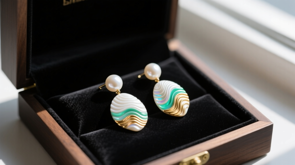 Carved shell earrings resting on anti-tarnish fabric inside a dark box, shielded from direct sunlight to prevent UV color fading.