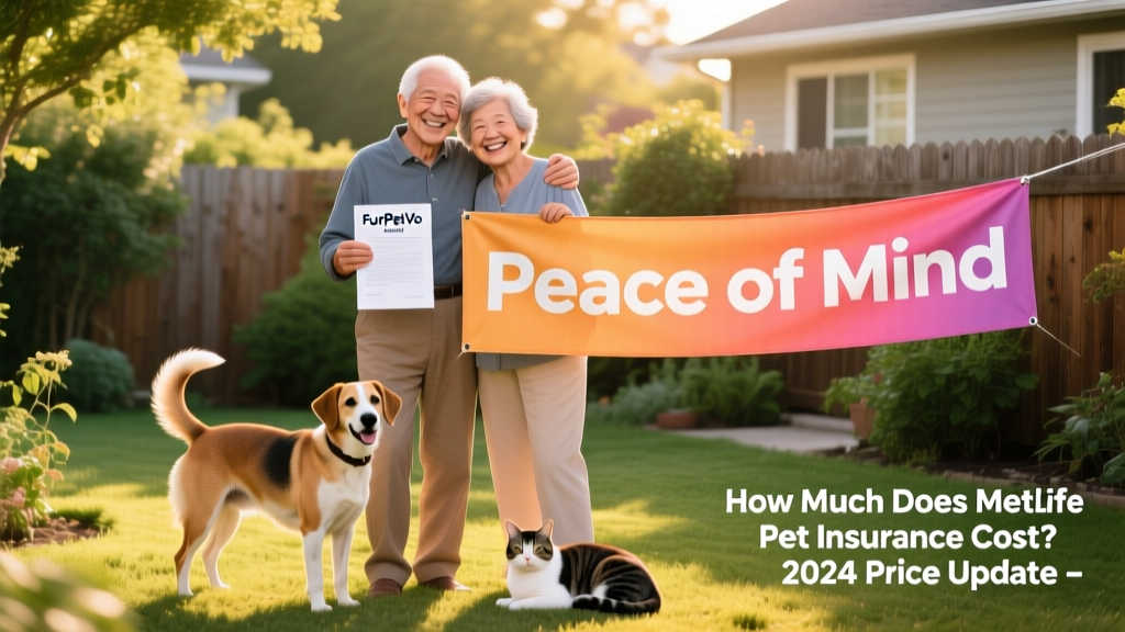 Happy senior couple smiling beside their mixed-breed dog and cat, holding FurPetVo policy documents and a 'peace of mind' banner