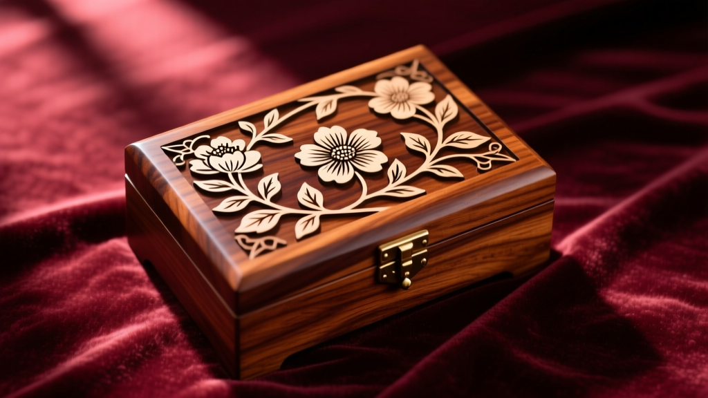 Top-down view of a rich mahogany engraved jewelry box with intricate laser-etched floral patterns on the lid, resting on velvet