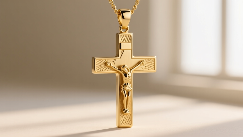 Macro photo of a 14k yellow gold crucifix pendant showing intricate lost-wax casting details and a brushed matte metal finish