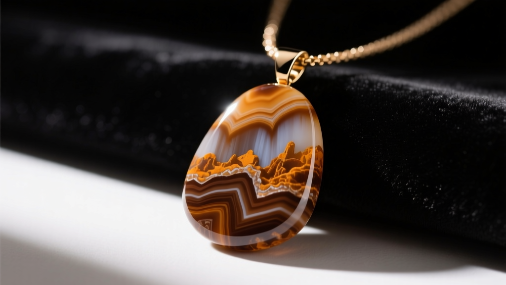 Close-up of a polished picture jasper necklace pendant showing brown and ochre landscape patterns against dark velvet.