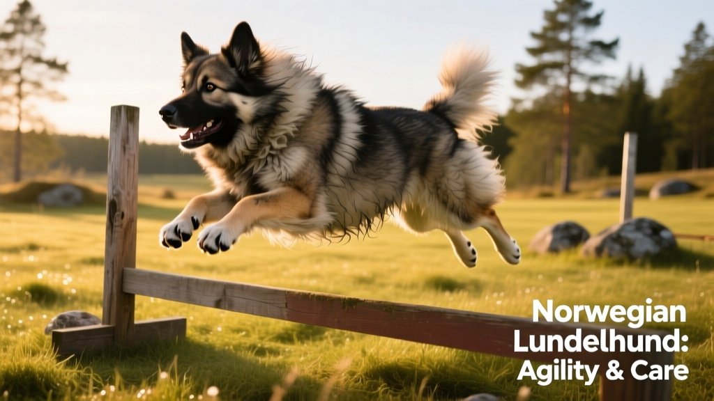 A Norwegian lundehund engaged in a fun, focused agility exercise—leaping over a low hurdle with clear enthusiasm and precision