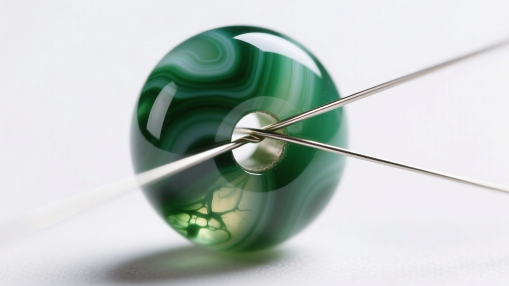 Close-up of threading steel micro-wire through the 1mm drill hole of a round moss agate bead during professional necklace assembly.