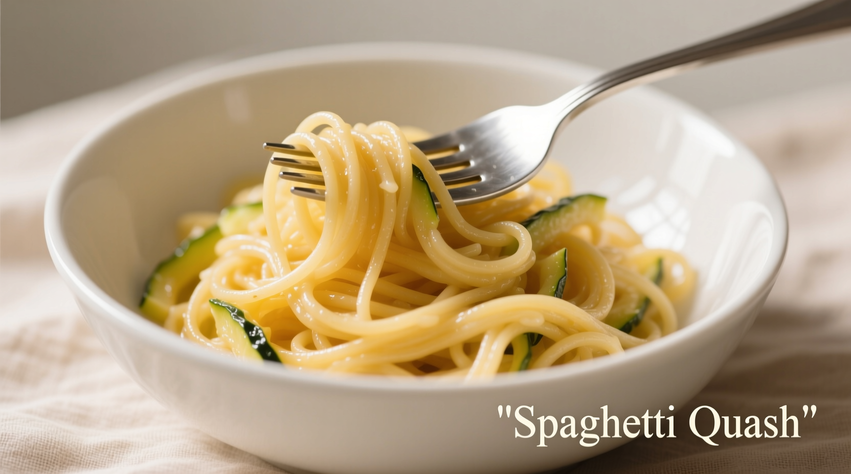 Fresh spaghetti squash strands in white bowl with fork