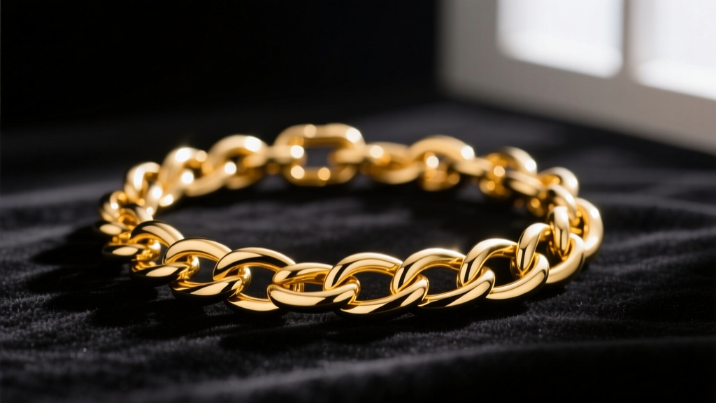 Tangled 18k yellow gold Italian Figaro chain resting on a dark velvet jeweler's mat, illuminated by a warm directional desk lamp.