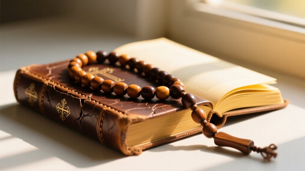 Traditional five-decade wooden rosary wrapped gently around a worn leather-bound prayer book in warm afternoon sunlight.