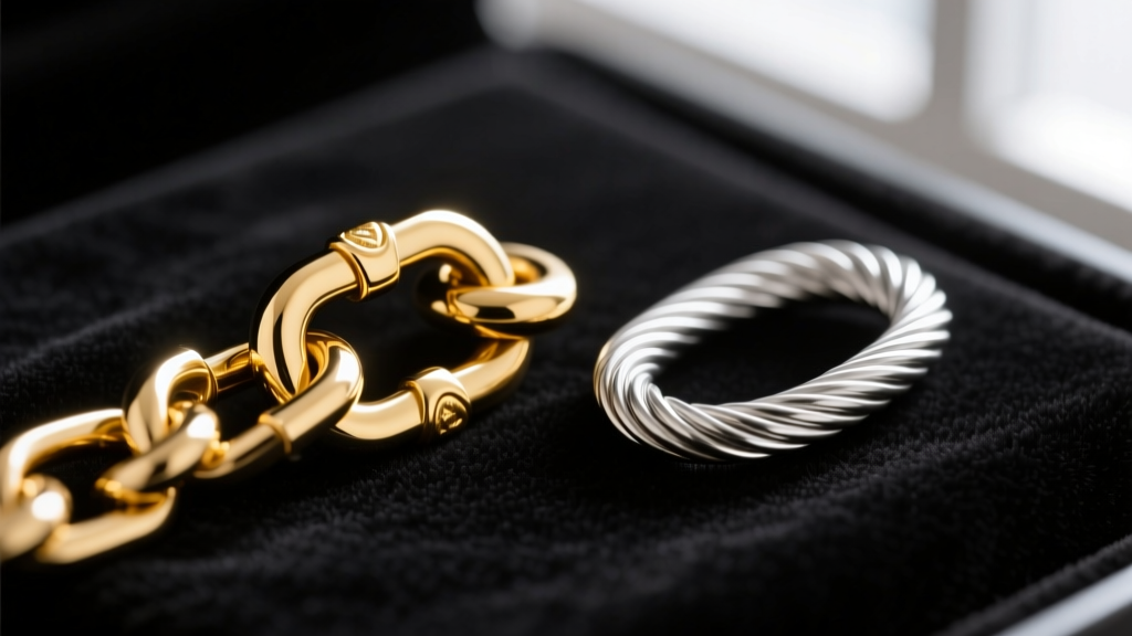 Macro shot of a hollow gold figaro chain link next to a solid silver cable link resting on a dark velvet jeweler