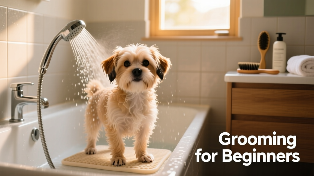 Small dog having a bath with gentle water spray