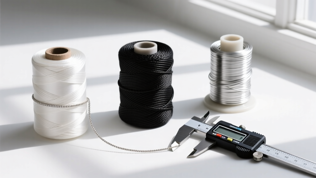 Flat lay comparing three jewelry cord spools: white German silk, black braided nylon, and silver wire, next to a digital caliper.