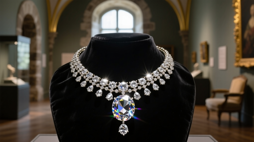 Dimly lit museum display of an ornate 18th-century diamond necklace with a massive central pendant resting on faded black velvet