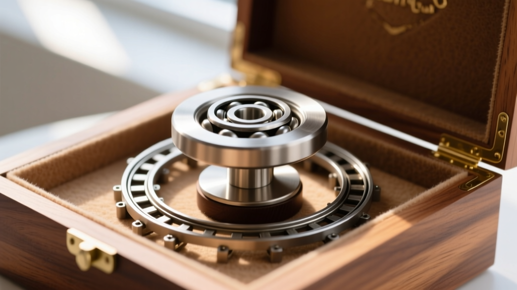 Close-up of a rotating ball-bearing base on a wooden jewelry box cake stand, showing the metal track and felt-lined bottom.