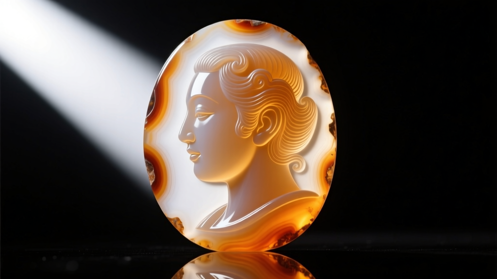 Extreme close-up of a cameo profile showing deep undercutting and microscopic tool marks, illuminated by a harsh directional LED