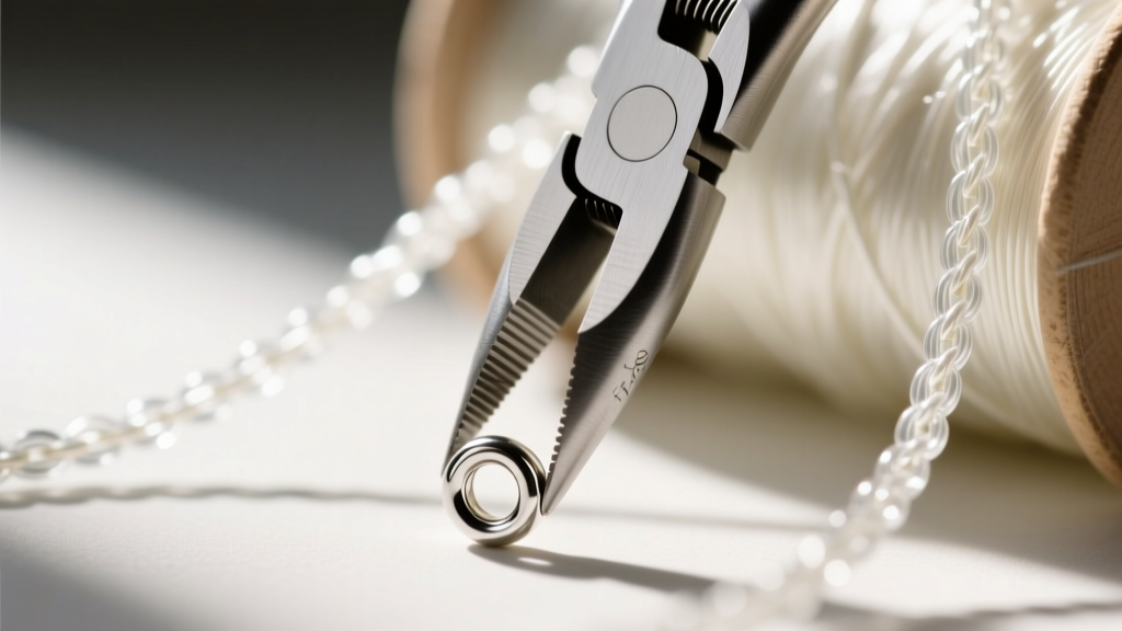 Fine-tipped chain nose pliers holding a tiny silver crimp bead, with a spool of clear braided beading thread in the background.
