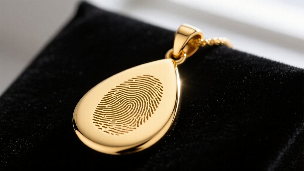 Close-up of a polished 14k yellow gold teardrop pendant on dark velvet, featuring a deeply laser-engraved human fingerprint.