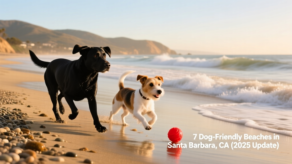 Two dogs—one black lab, one terrier mix—playing side-by-side on a quiet, pebbly-sand beach with rolling waves and distant hills