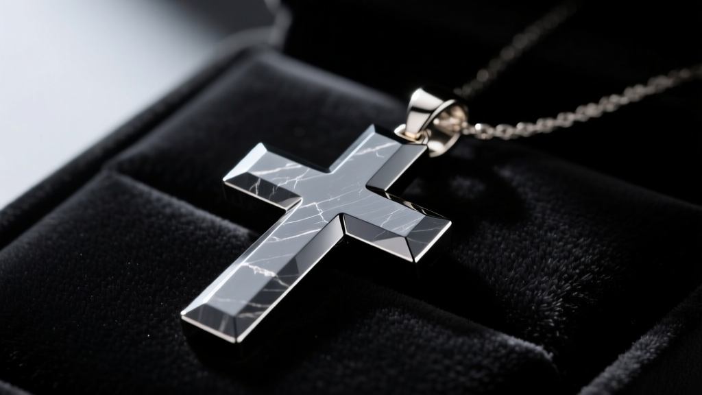 Polished dark grey hematite cross pendant on black velvet, soft lighting highlighting its metallic luster and sharp beveled edges.